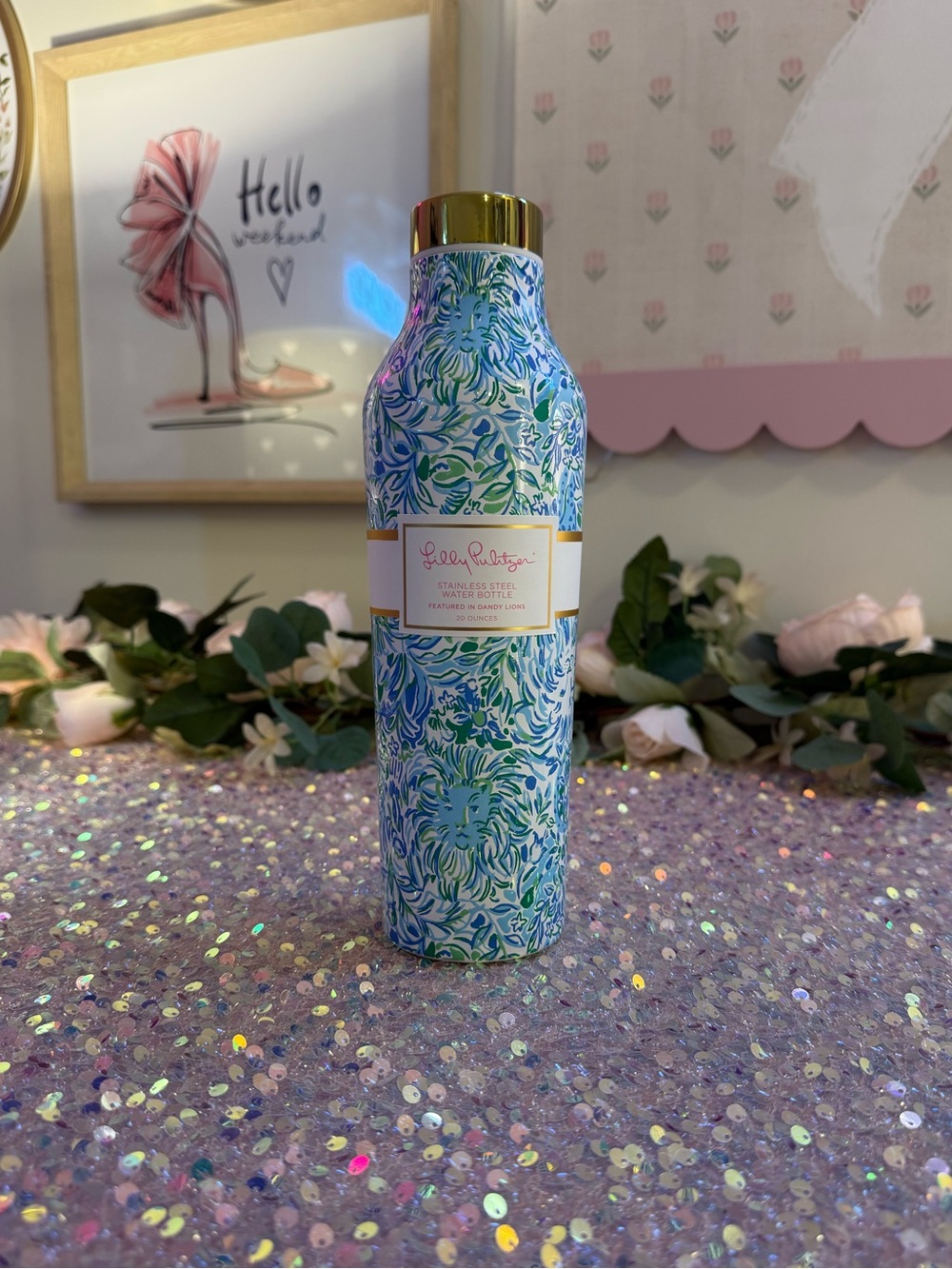 NWT Lilly Pulitzer 20 oz Stainless Steel Water Bottle in “Dandy Lions”